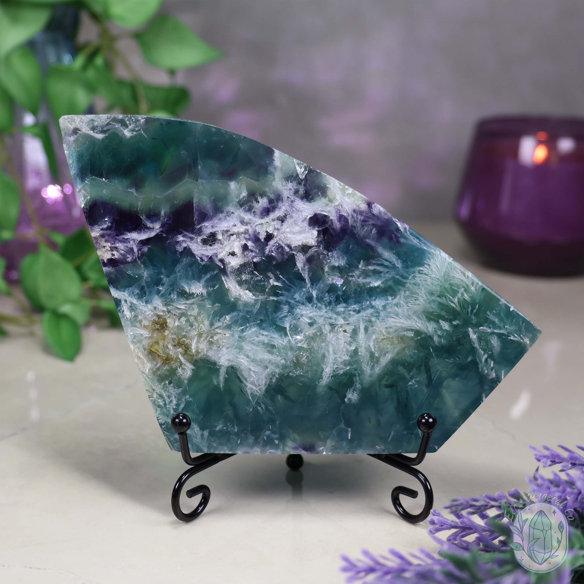  Polished Rainbow Feather Snowflake Fluorite Slab
