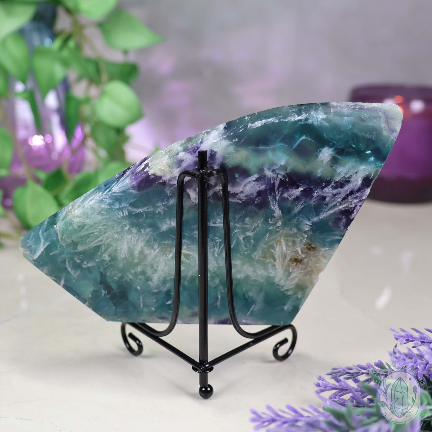  Polished Rainbow Feather Snowflake Fluorite Slab