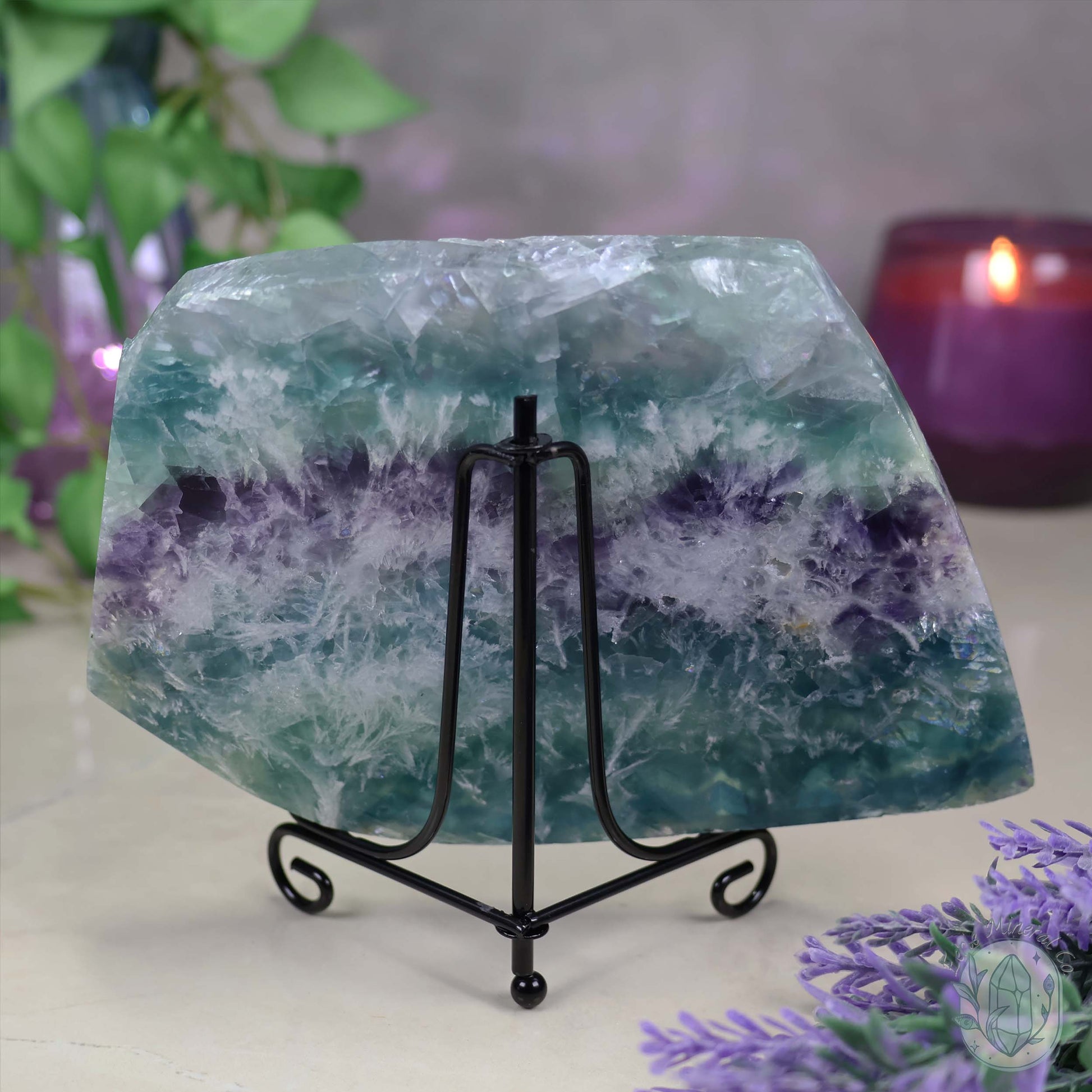 Polished Rainbow Snowflake Feather Slab With Stand