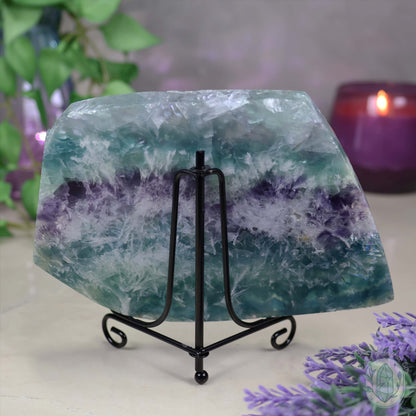 Polished Rainbow Snowflake Feather Slab With Stand