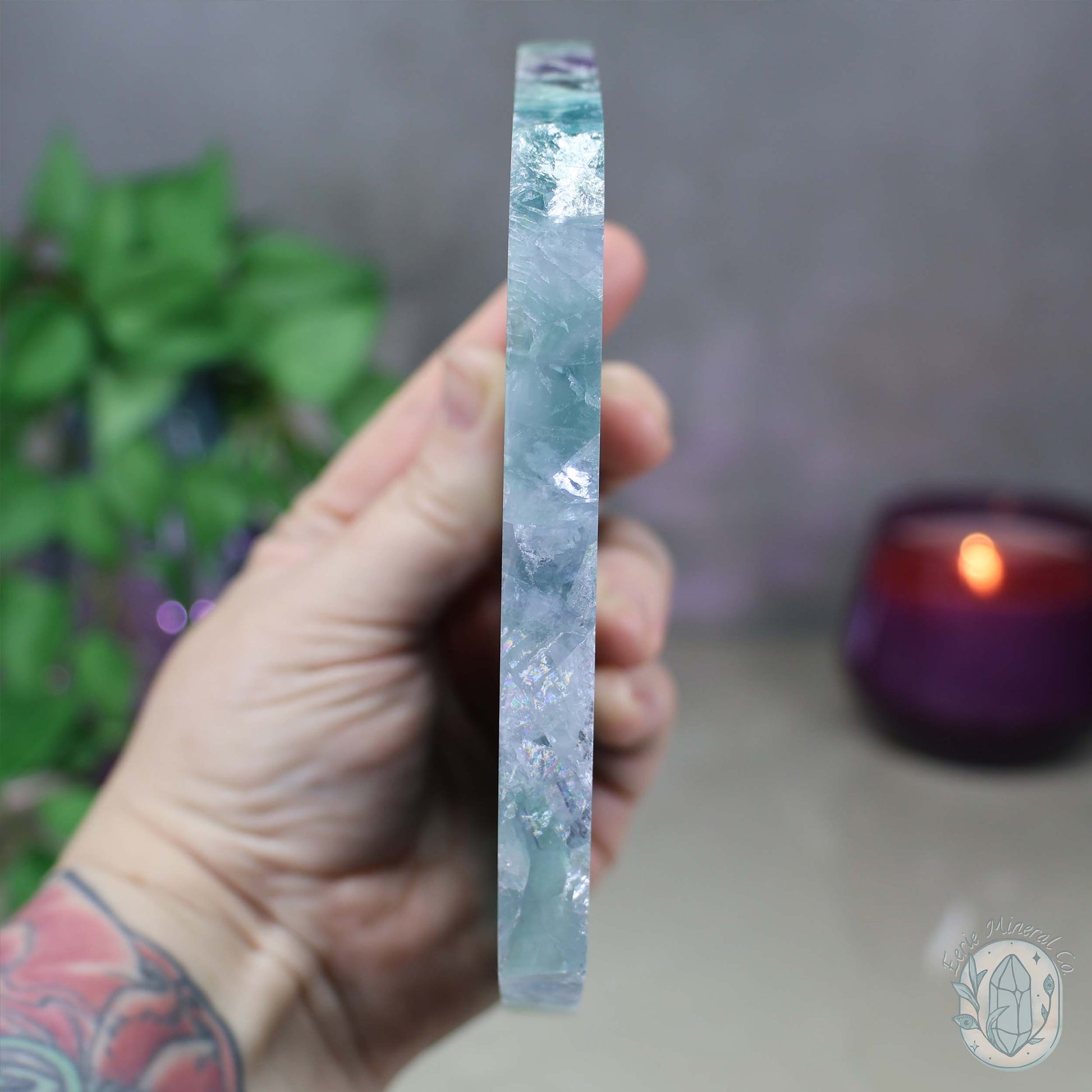 Polished Rainbow Snowflake Feather Slab With Stand