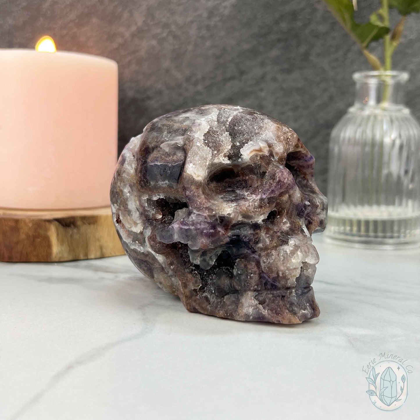 Polished Sphalerite with Purple Fluorite Skull Carving