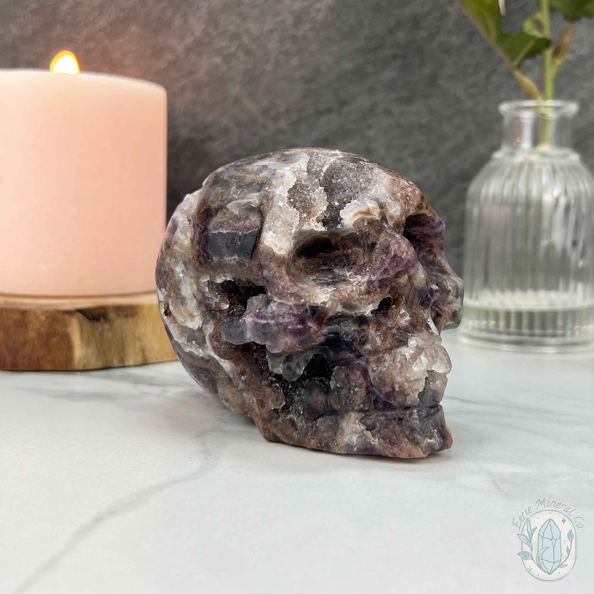 Polished Sphalerite with Purple Fluorite Skull Carving