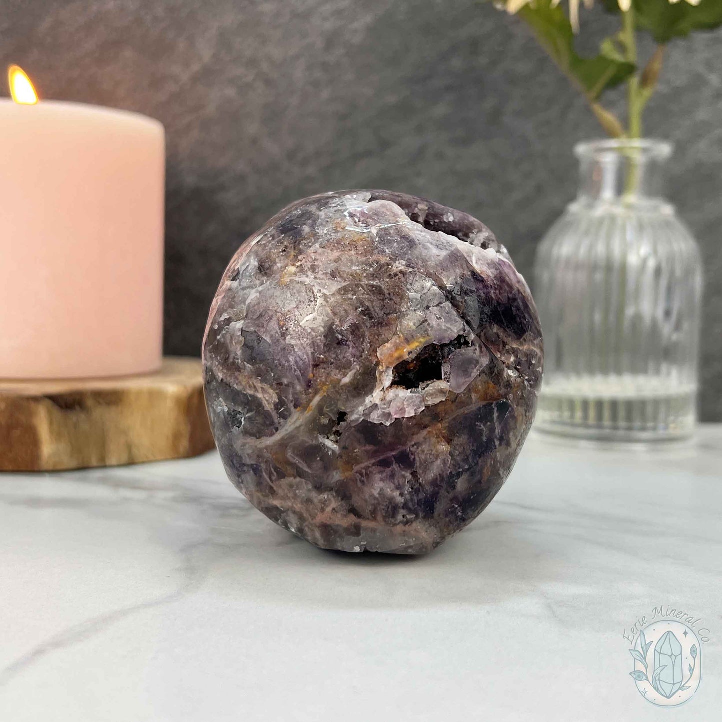 Polished Sphalerite with Purple Fluorite Skull Carving