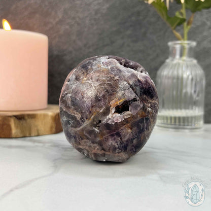 Polished Sphalerite with Purple Fluorite Skull Carving