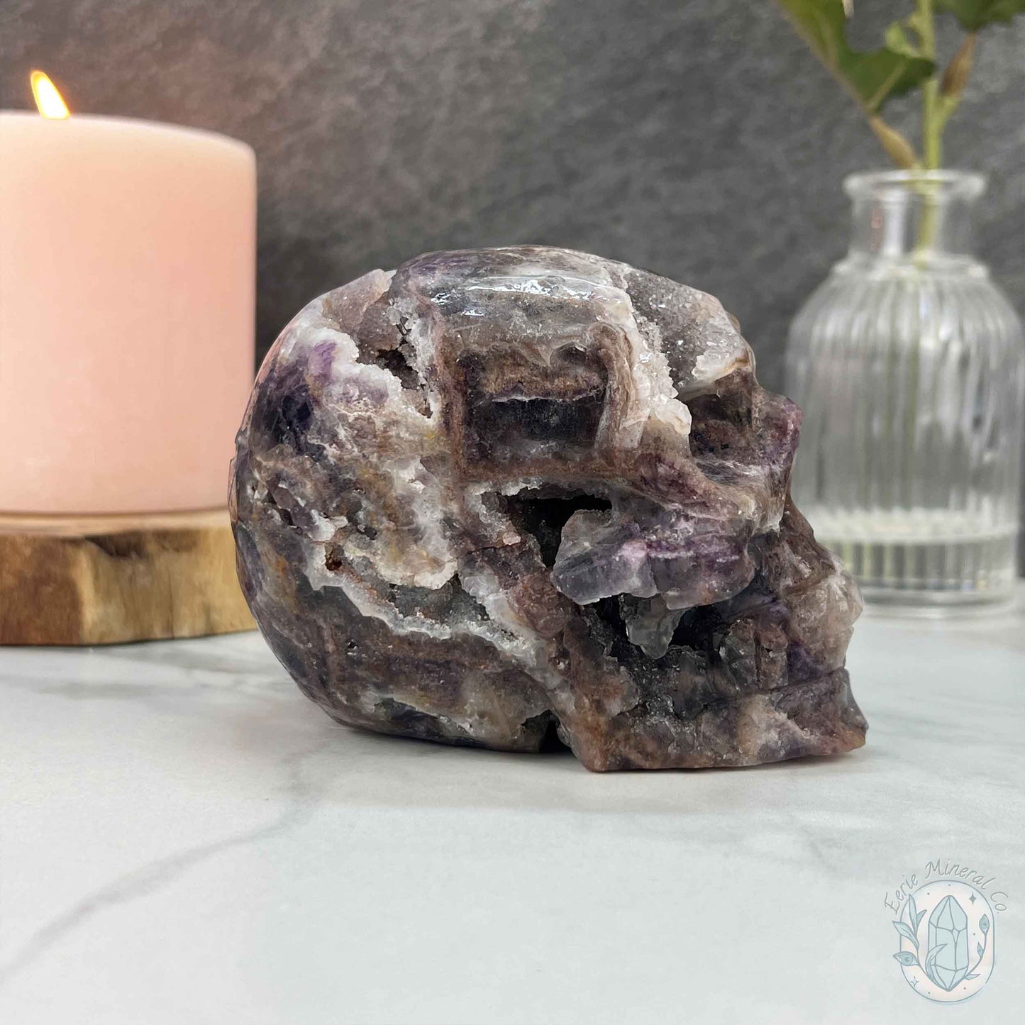 Polished Sphalerite with Purple Fluorite Skull Carving