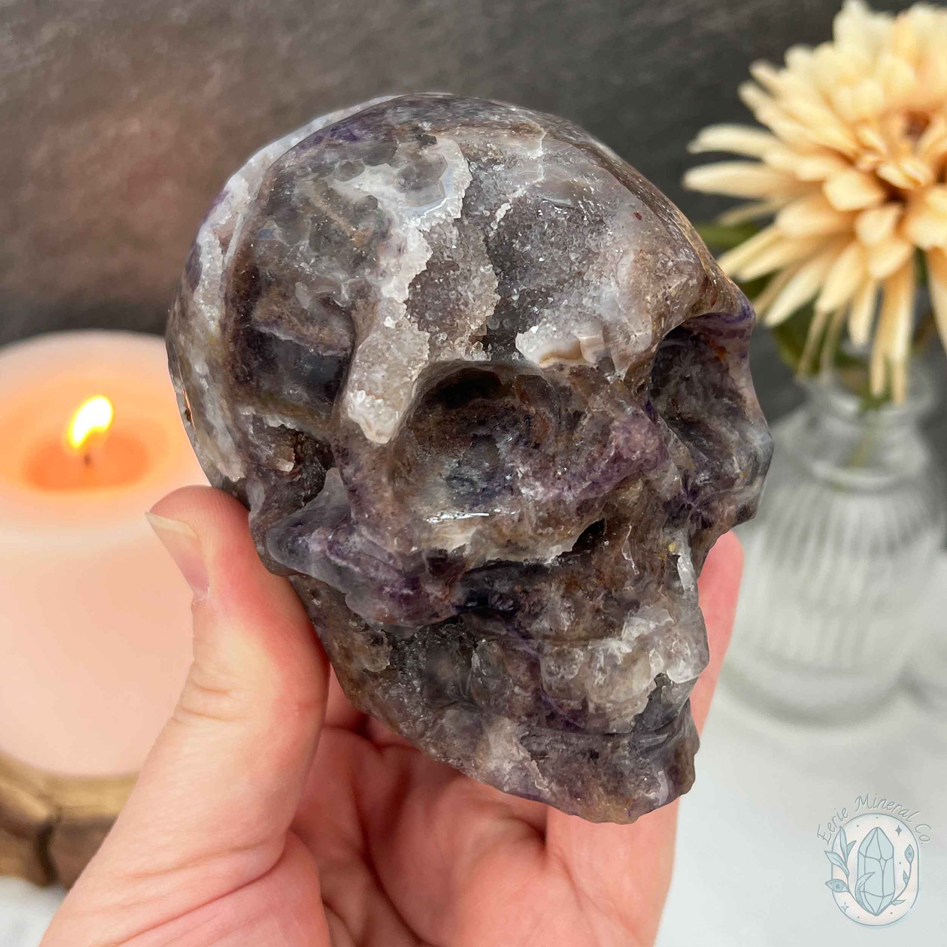 Polished Sphalerite with Purple Fluorite Skull Carving