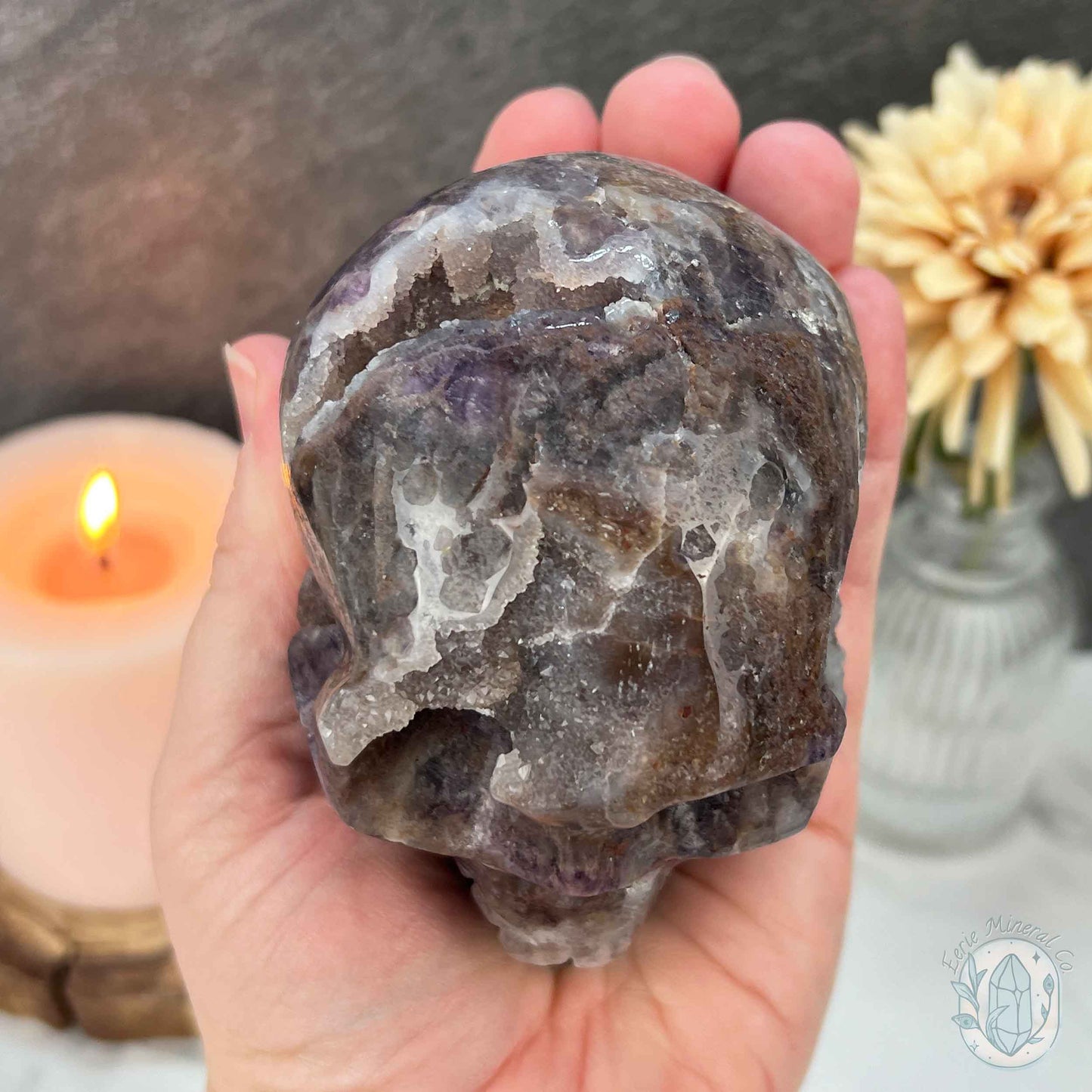 Polished Sphalerite with Purple Fluorite Skull Carving