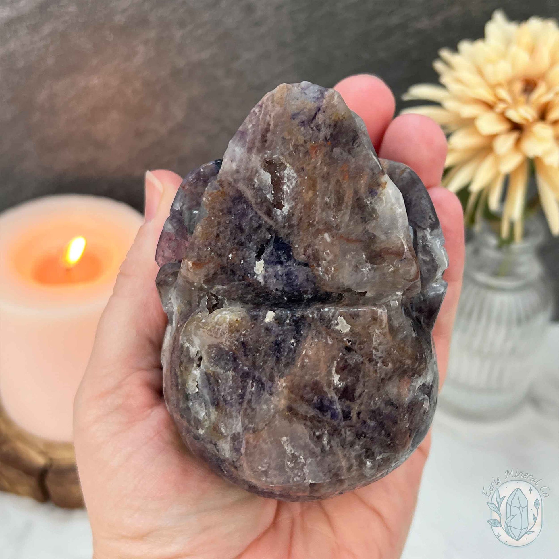 Polished Sphalerite with Purple Fluorite Skull Carving