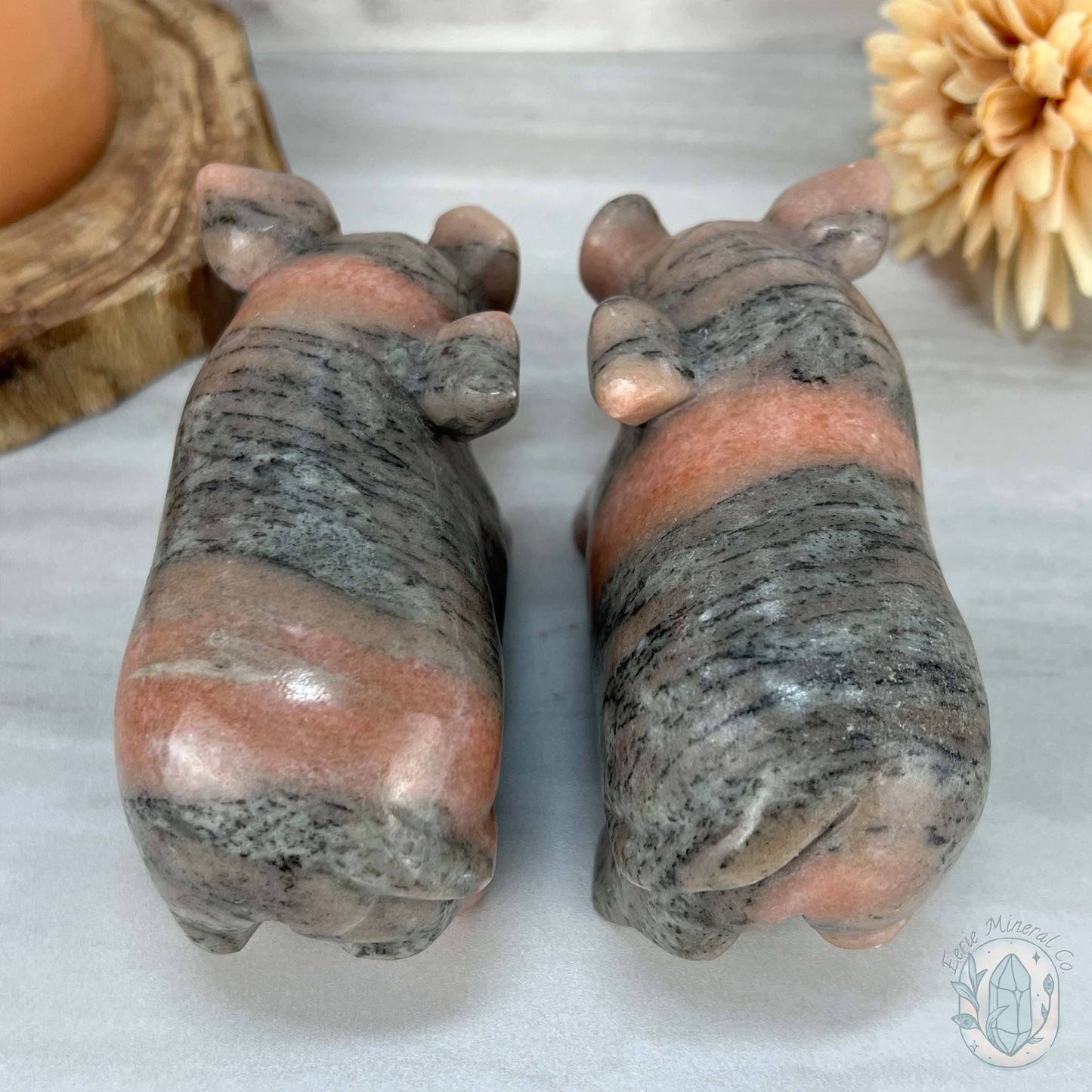 Polished Pair of Sunstone with Hornblende Pig Carvings