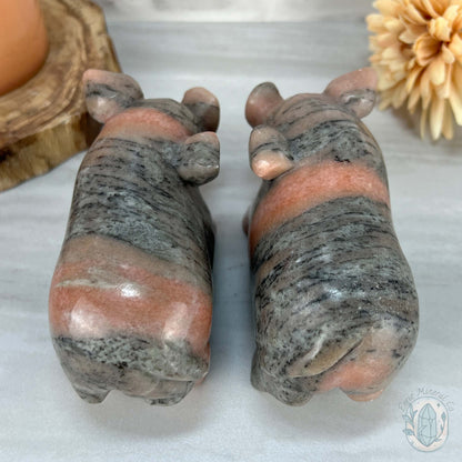 Polished Pair of Sunstone with Hornblende Pig Carvings