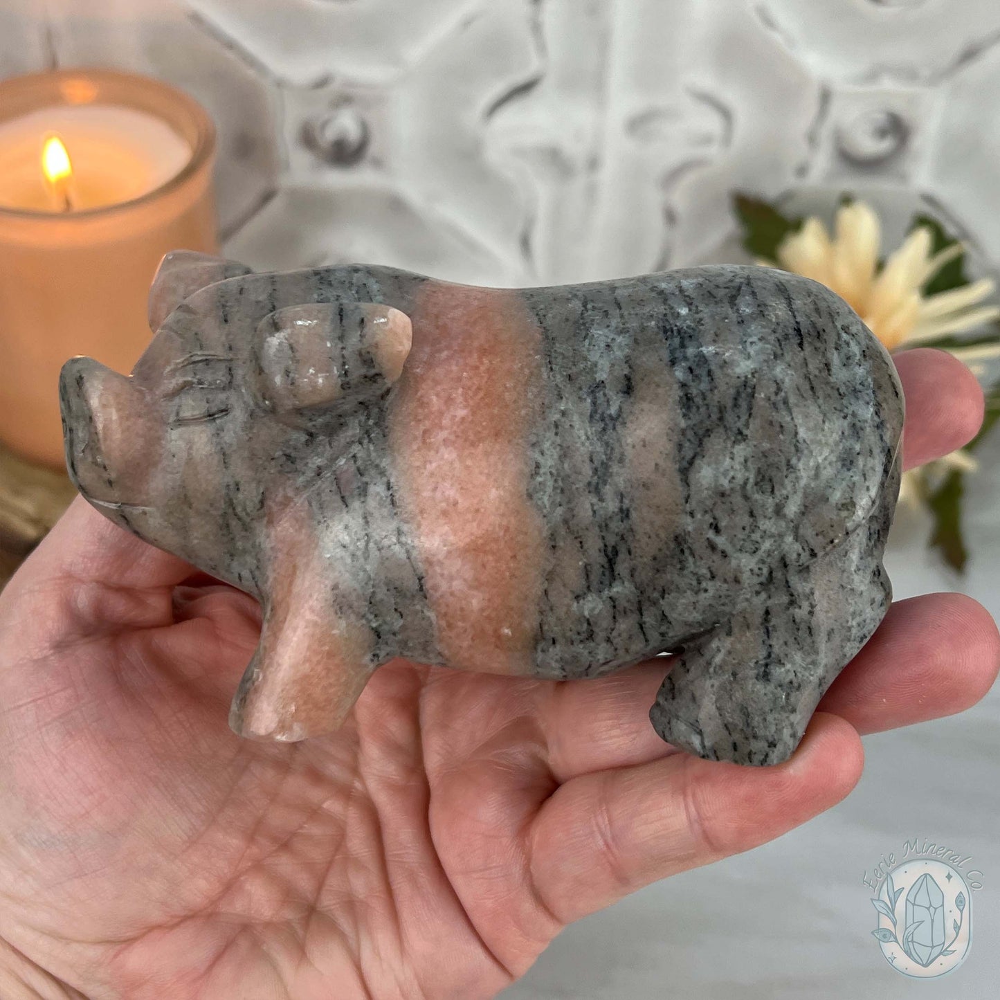 Polished Pair of Sunstone with Hornblende Pig Carvings