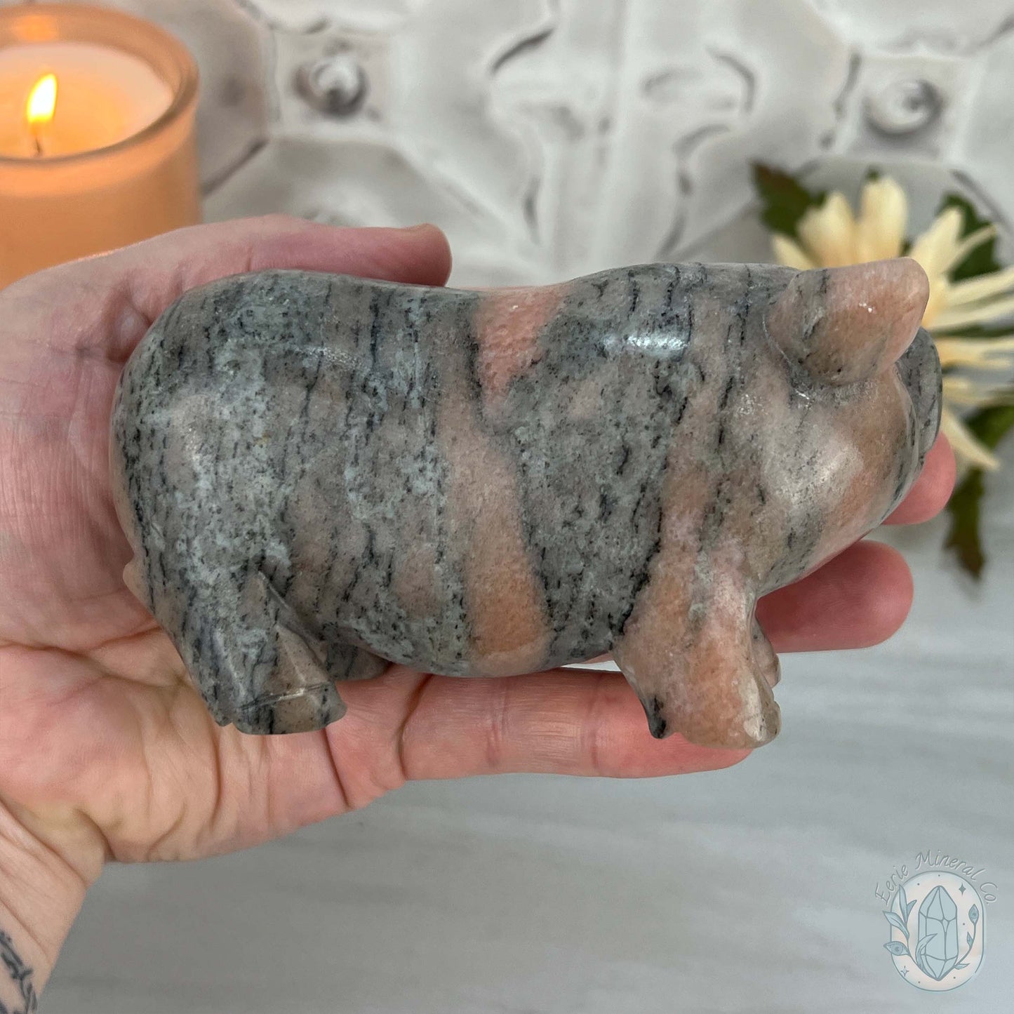 Polished Pair of Sunstone with Hornblende Pig Carvings