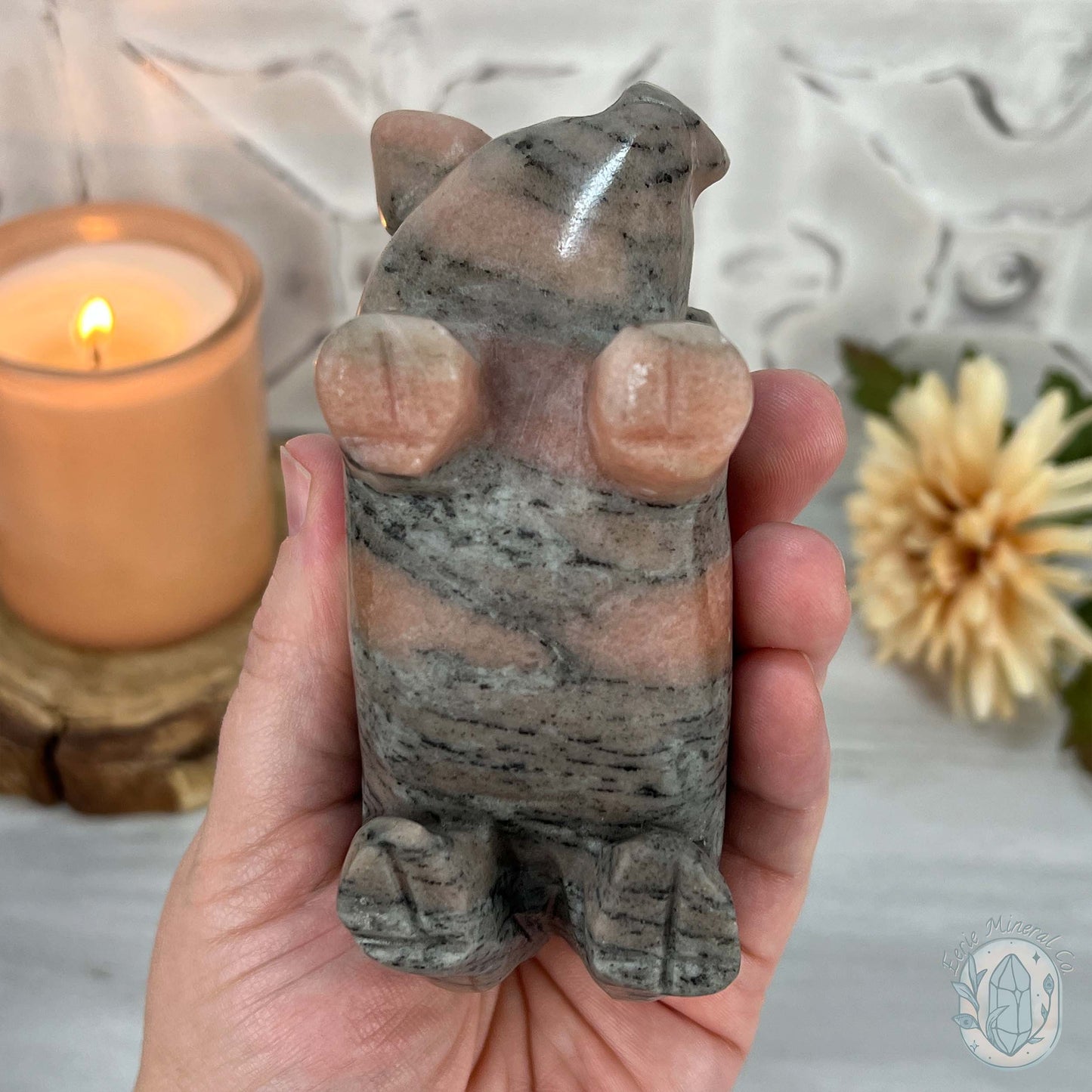 Polished Pair of Sunstone with Hornblende Pig Carvings