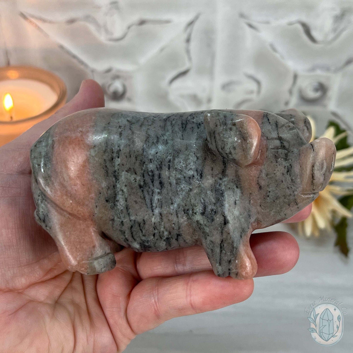 Polished Pair of Sunstone with Hornblende Pig Carvings