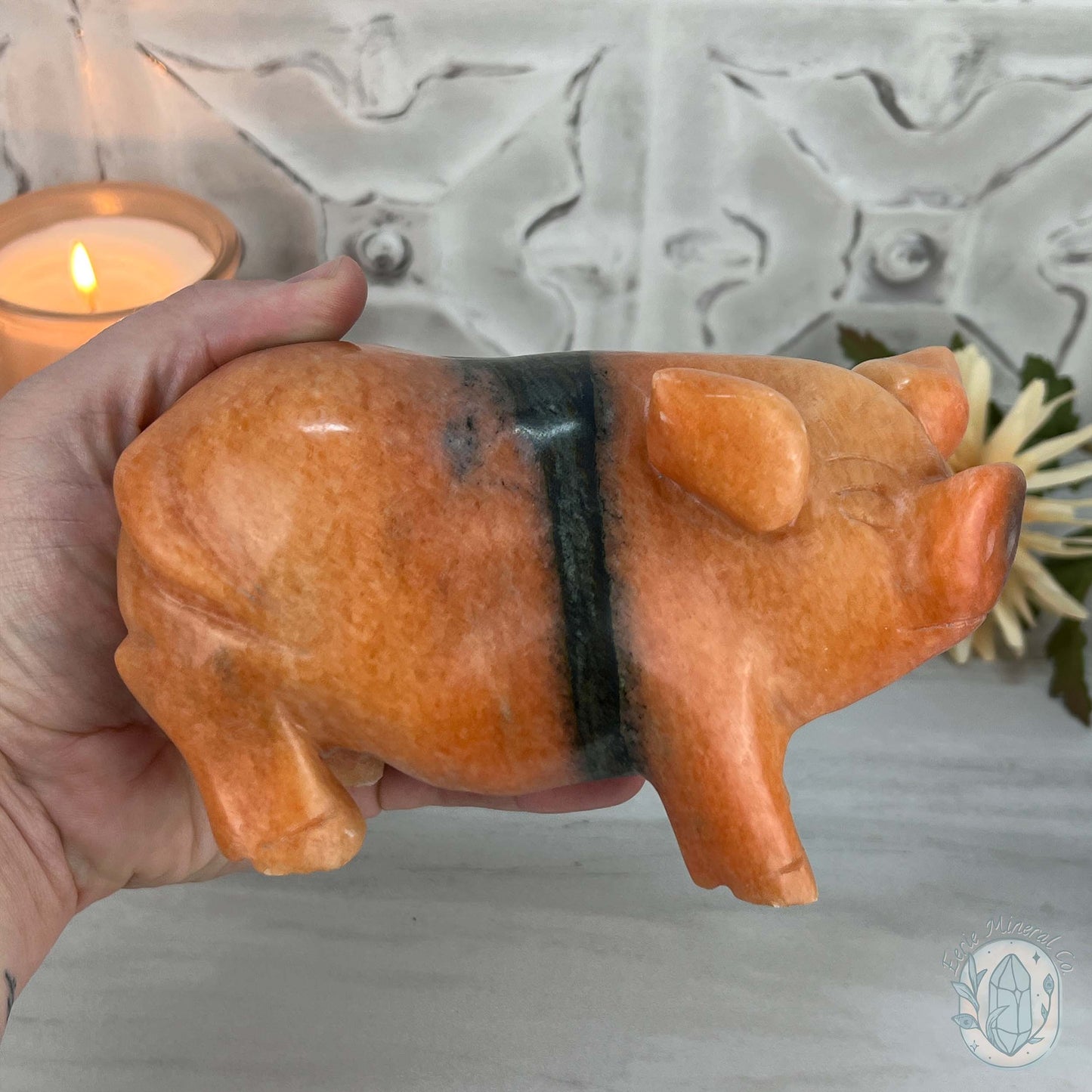 Polished Pair of Sunstone with Hornblende Pig Carvings