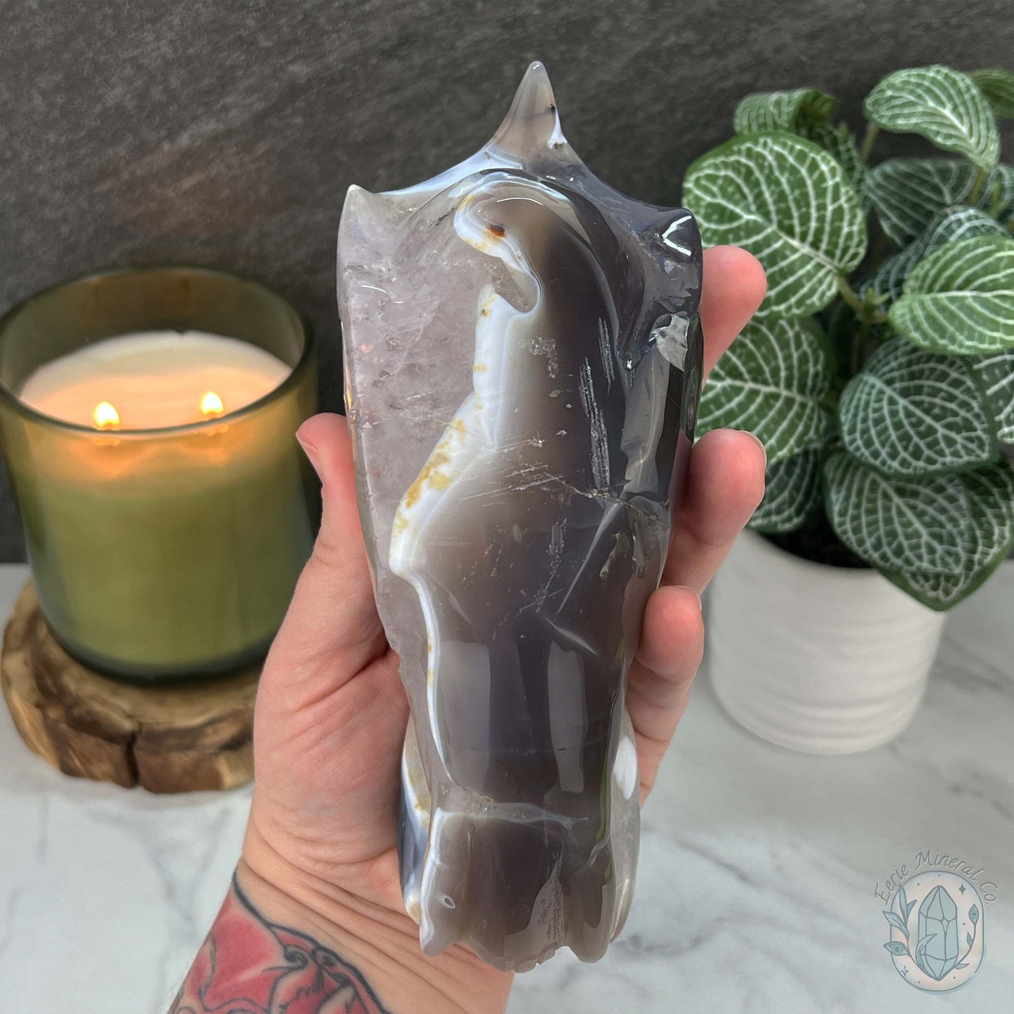 Agate with Quartz Fanged Dinosaur Skull Carving