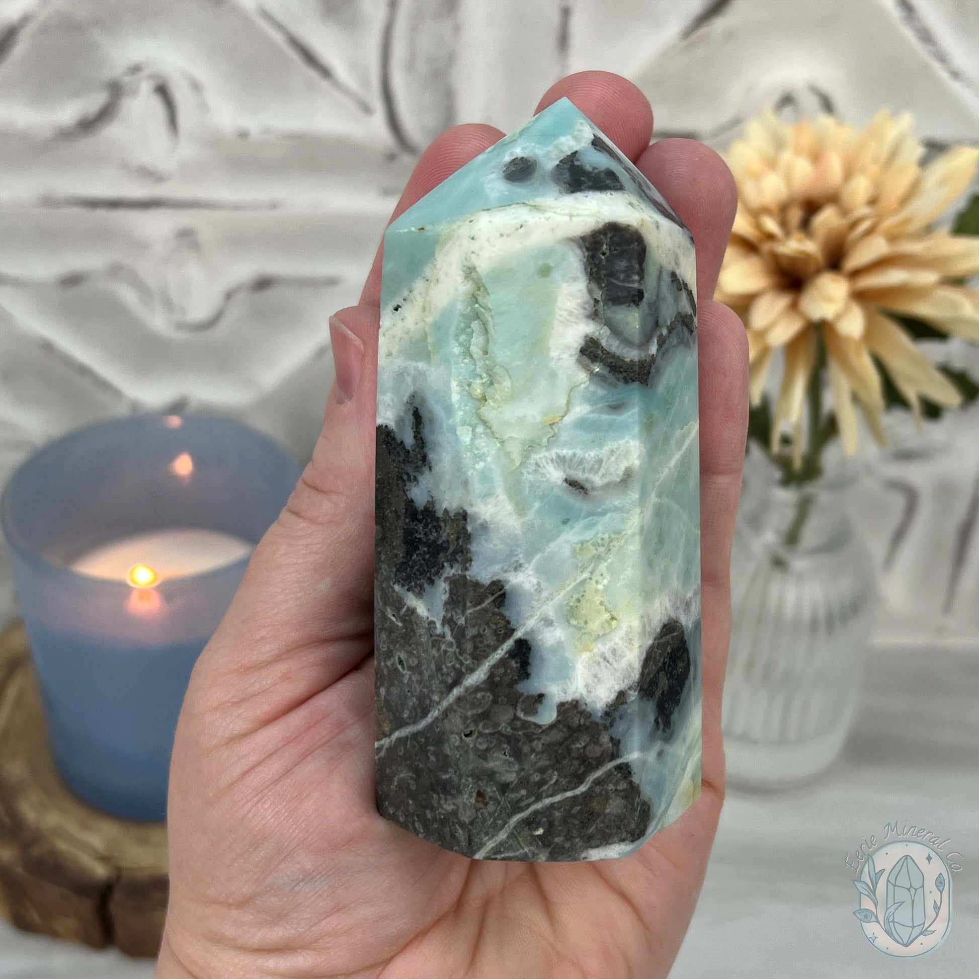 Polished Amazonite, Tourmaline, And Pyrite Tower