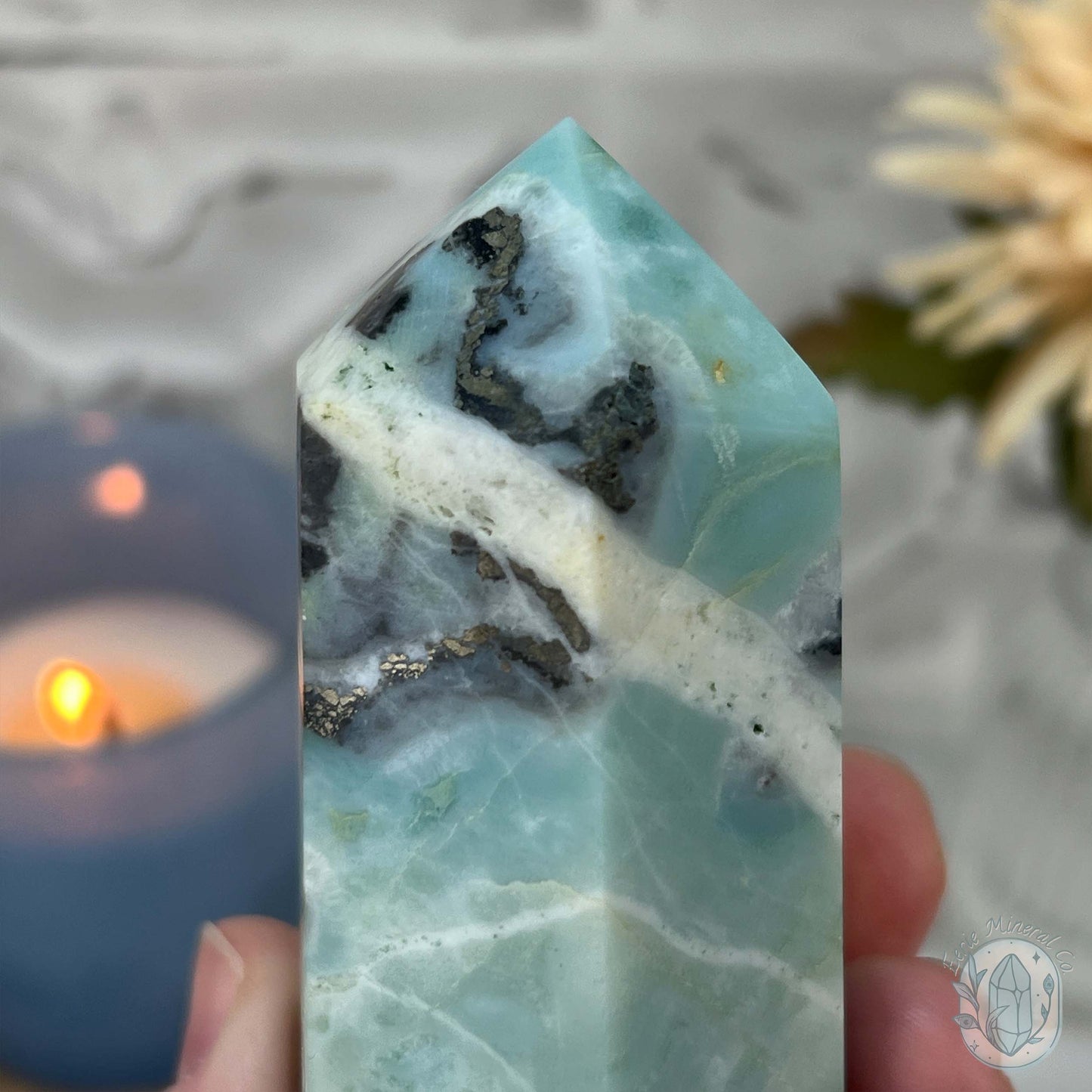 Polished Amazonite, Tourmaline, And Pyrite Tower