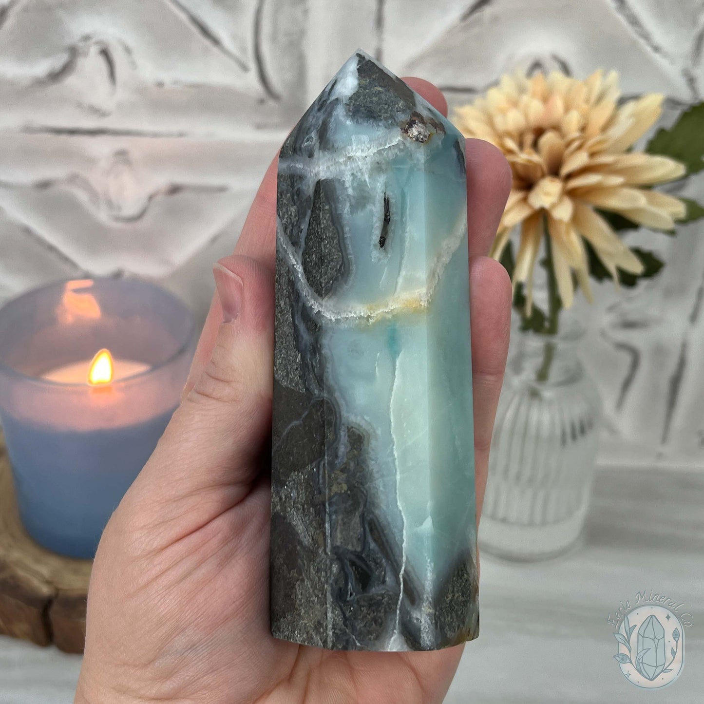 Polished Amazonite, Tourmaline, And Pyrite Tower