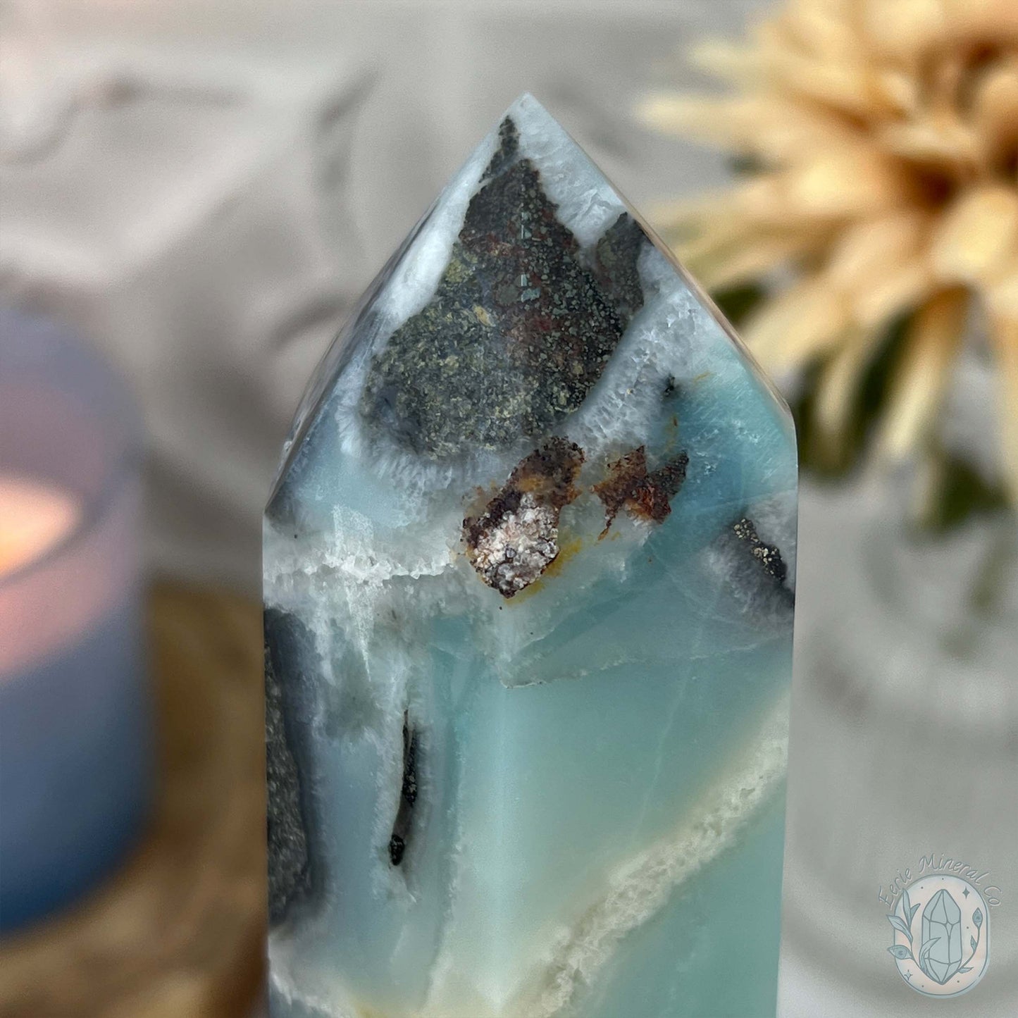 Polished Amazonite, Tourmaline, And Pyrite Tower