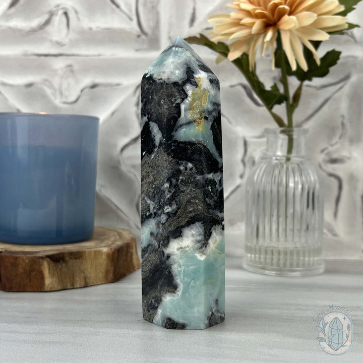 Polished Amazonite, Tourmaline, And Pyrite Tower