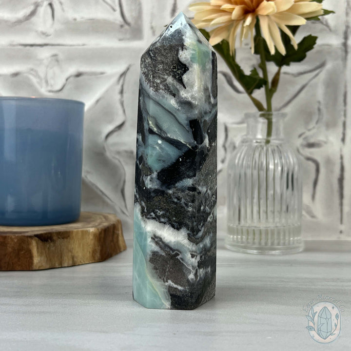 Polished Amazonite, Tourmaline, And Pyrite Tower