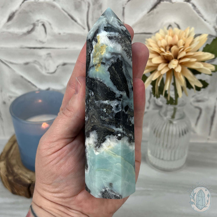 Polished Amazonite, Tourmaline, And Pyrite Tower