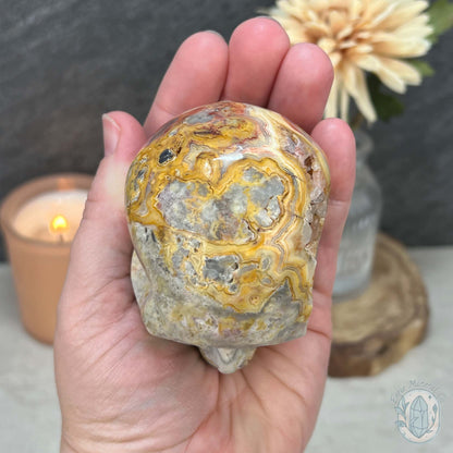 3.10" Polished Crazy Lace With Quartz Skull Carving