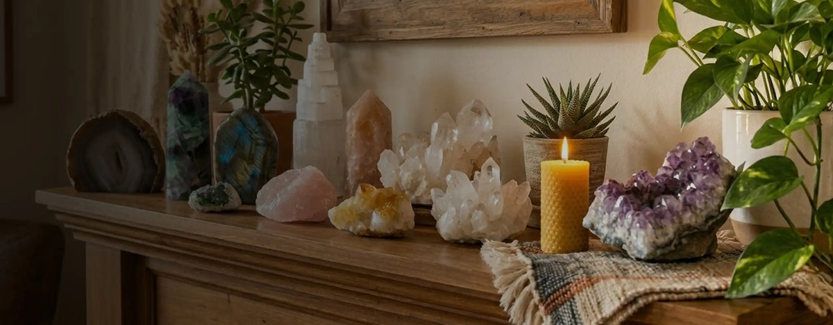 crystals on a fireplace mantle