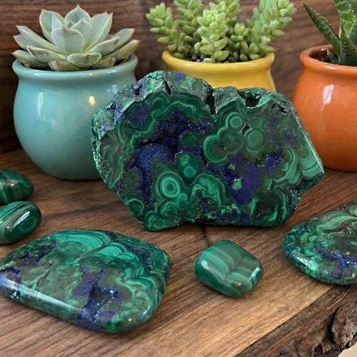 malachite slabs on display