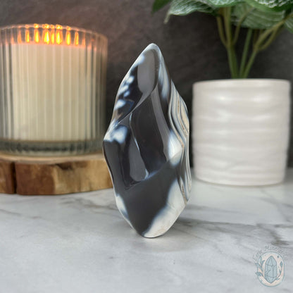 Polished Black and White Orca Agate Flame Carving