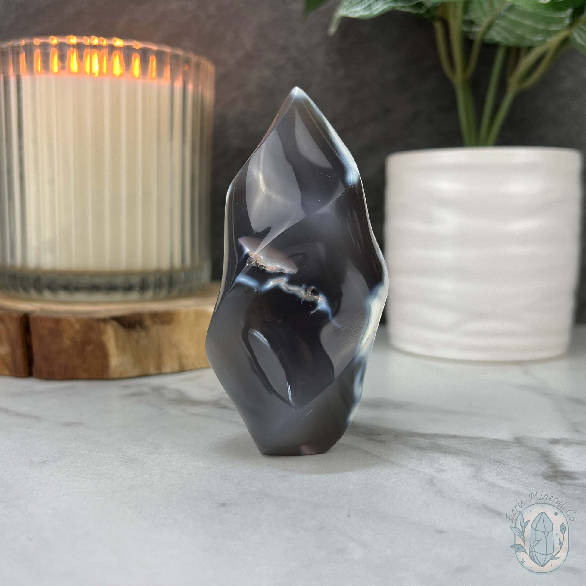 Polished Black and White Orca Agate Flame Carving