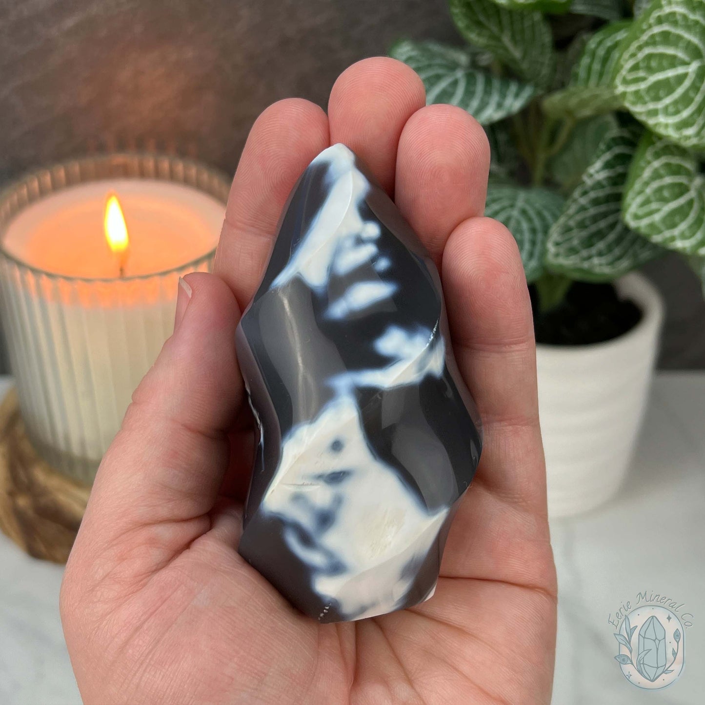 Polished Black and White Orca Agate Flame Carving
