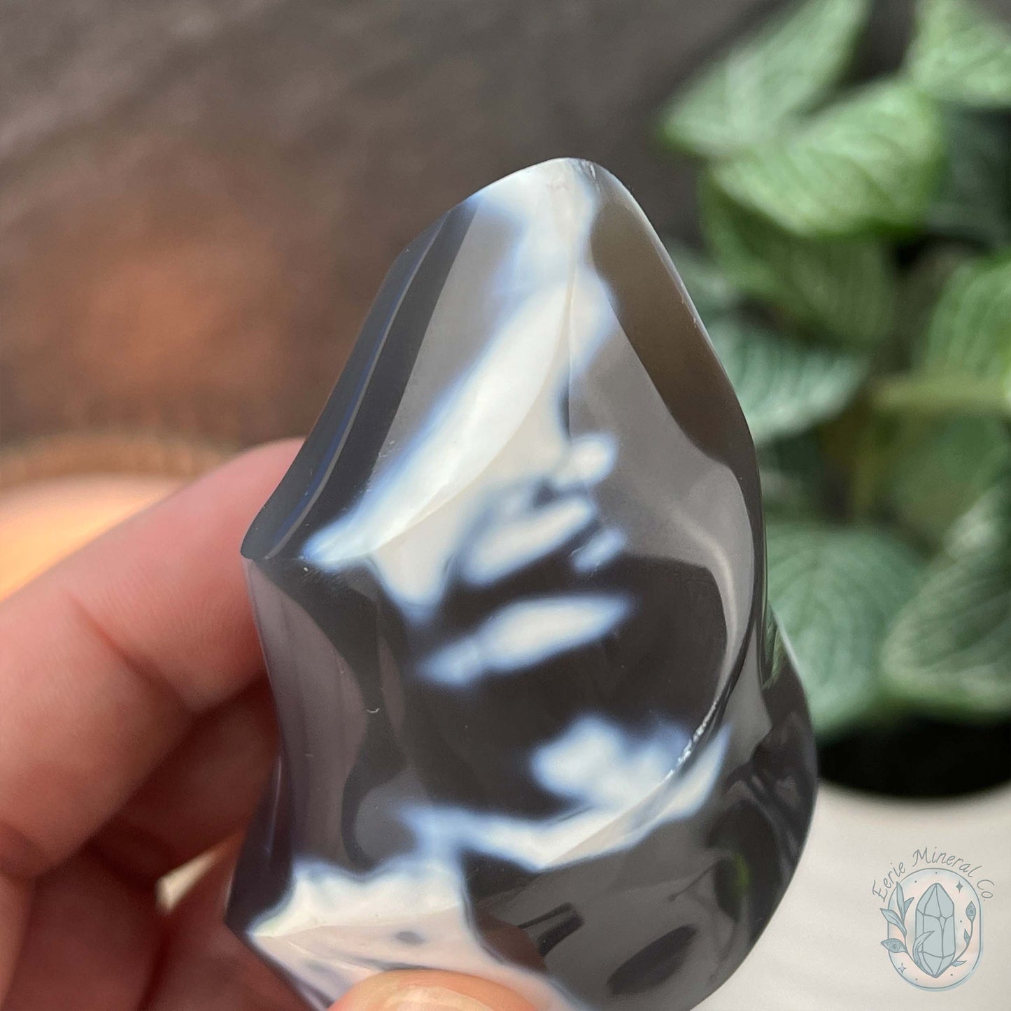 Polished Black and White Orca Agate Flame Carving