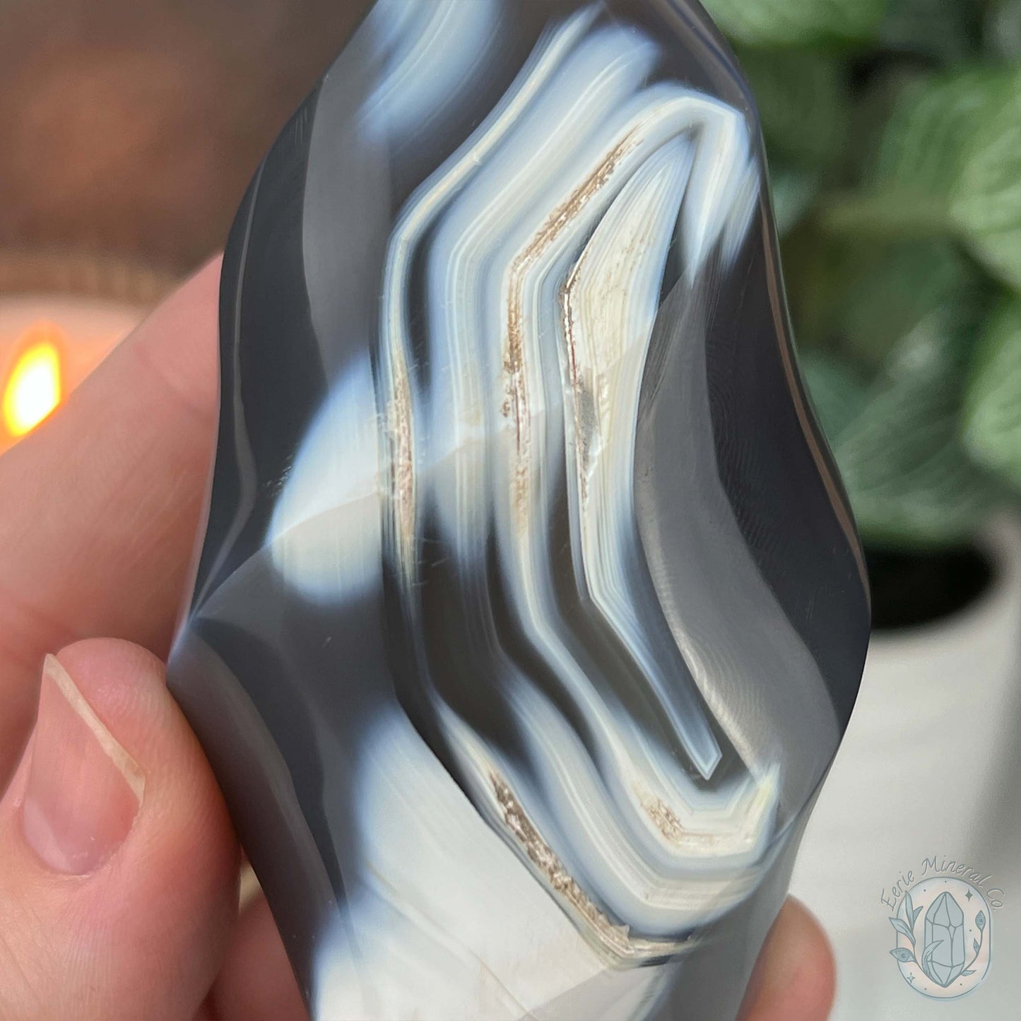Polished Black and White Orca Agate Flame Carving