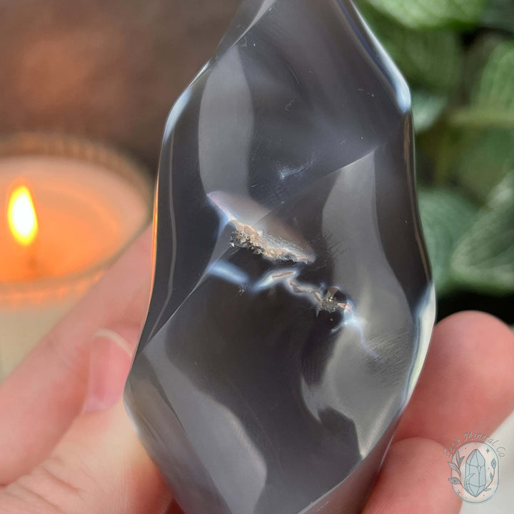 Polished Black and White Orca Agate Flame Carving