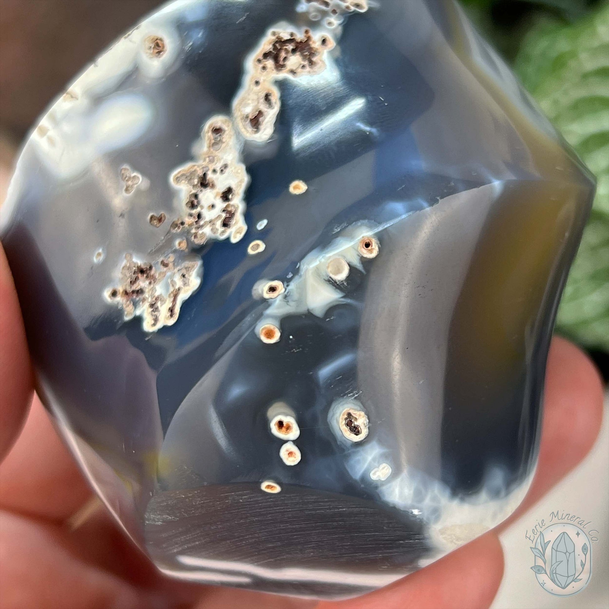 Polished Black and White Orca Agate Flame Carving