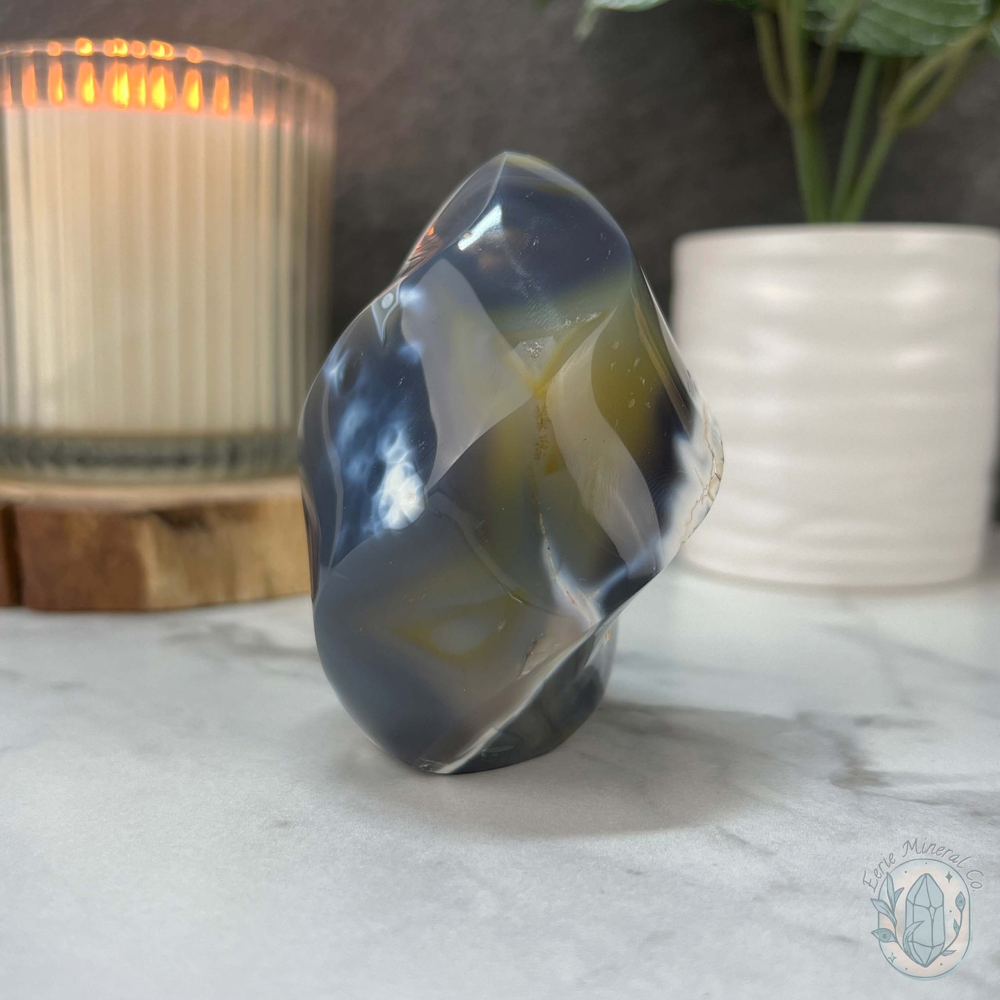 Polished Black and White Orca Agate Flame Carving