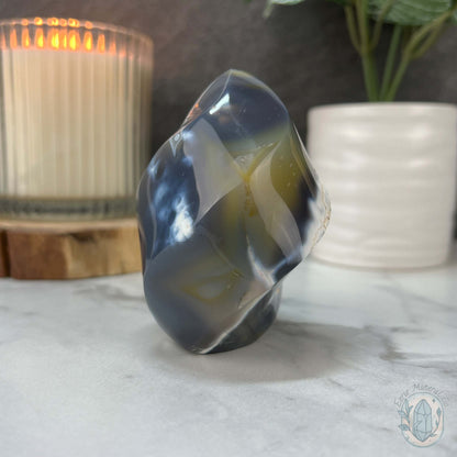 Polished Black and White Orca Agate Flame Carving