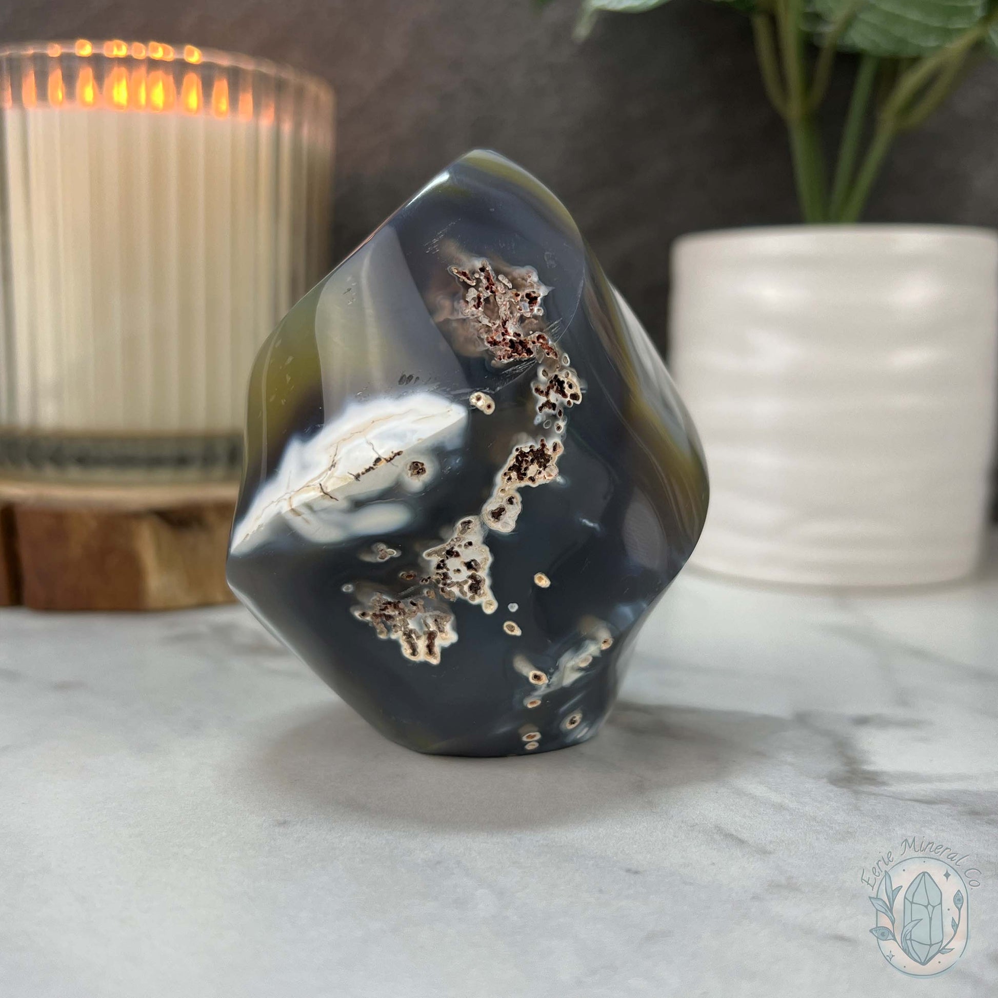 Polished Black and White Orca Agate Flame Carving