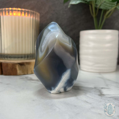 Polished Black and White Orca Agate Flame Carving