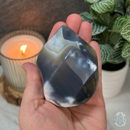 Polished Black and White Orca Agate Flame Carving