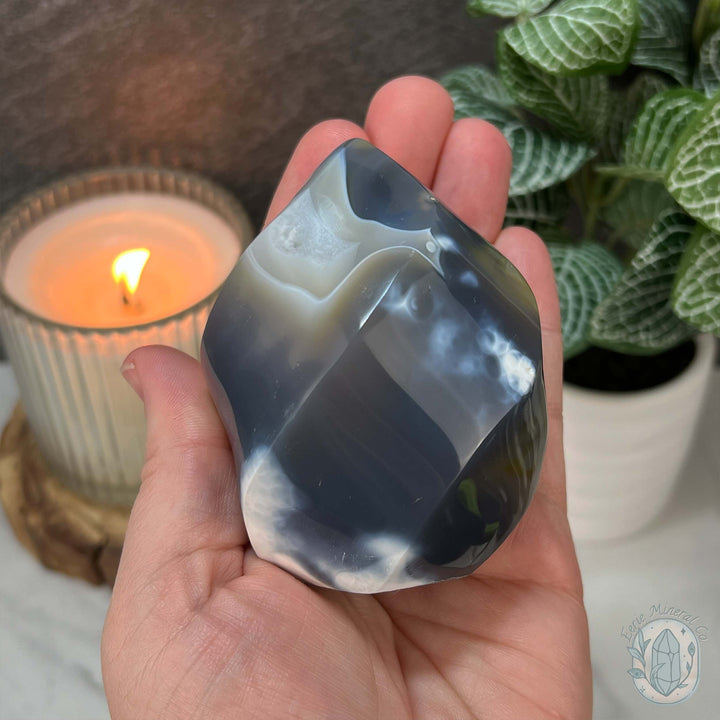 Polished Black and White Orca Agate Flame Carving