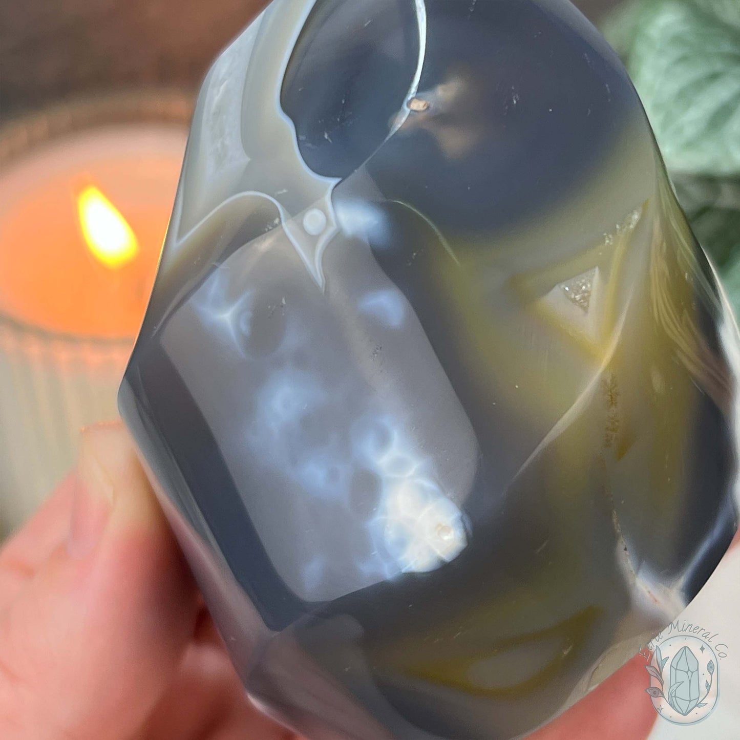 Polished Black and White Orca Agate Flame Carving