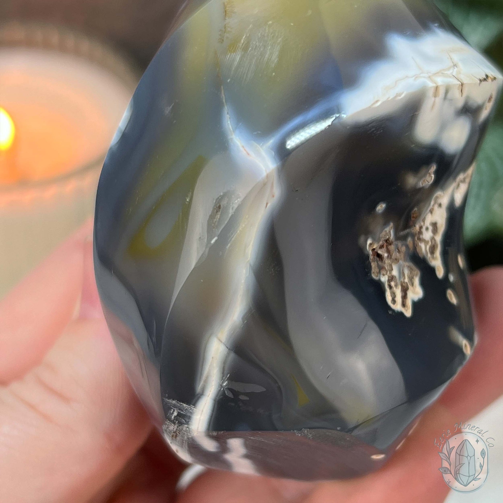 Polished Black and White Orca Agate Flame Carving