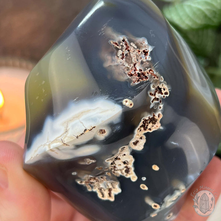 Polished Black and White Orca Agate Flame Carving