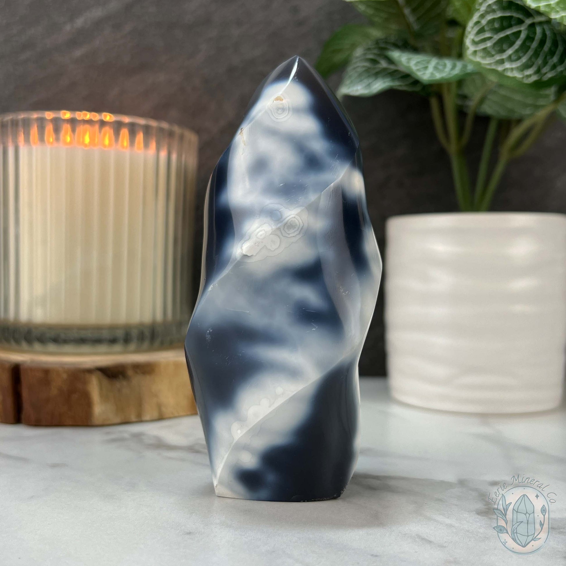 Polished Black and White Orca Agate Flame Carving