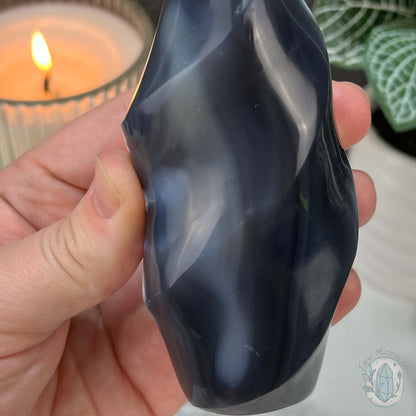 Polished Black and White Orca Agate Flame Carving