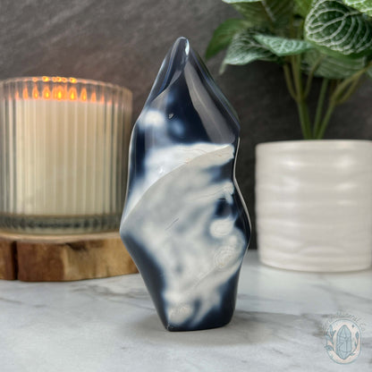 Polished Black and White Orca Agate Flame Carving